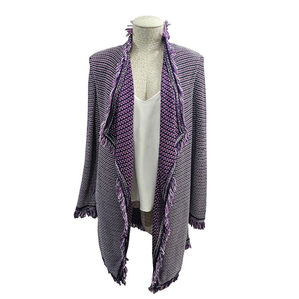 St. John Fiore Purple Tweed Open Front Fringe Waterfall Cardigan Jacket Duster S
